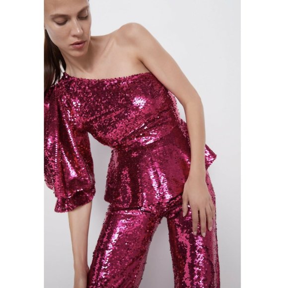 Zara Sequined Asymmetric Peplum Top Puff Sleeve Pink Size XS NEW - Picture 6 of 8